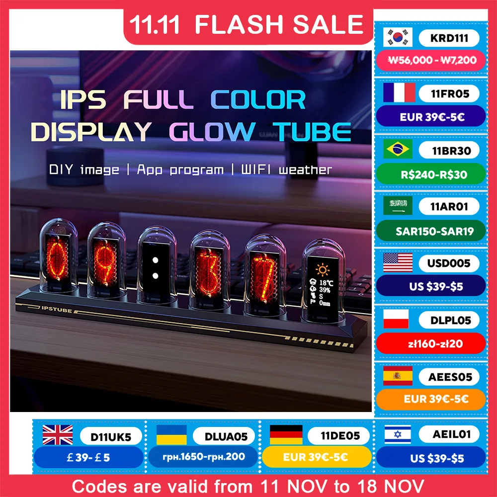 Glow Nixie Tube Clock IPS Color Screen Digital Clock DIY Analog Digital Tube WiFi time for Desktop Decoration, Christmas Gifts