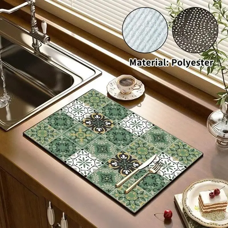 Moroccan Tile-Patterned Dish Rack Mat, Absorbent and Quick-Drying Countertop Mat, Coffee Table Mat, Home Decor