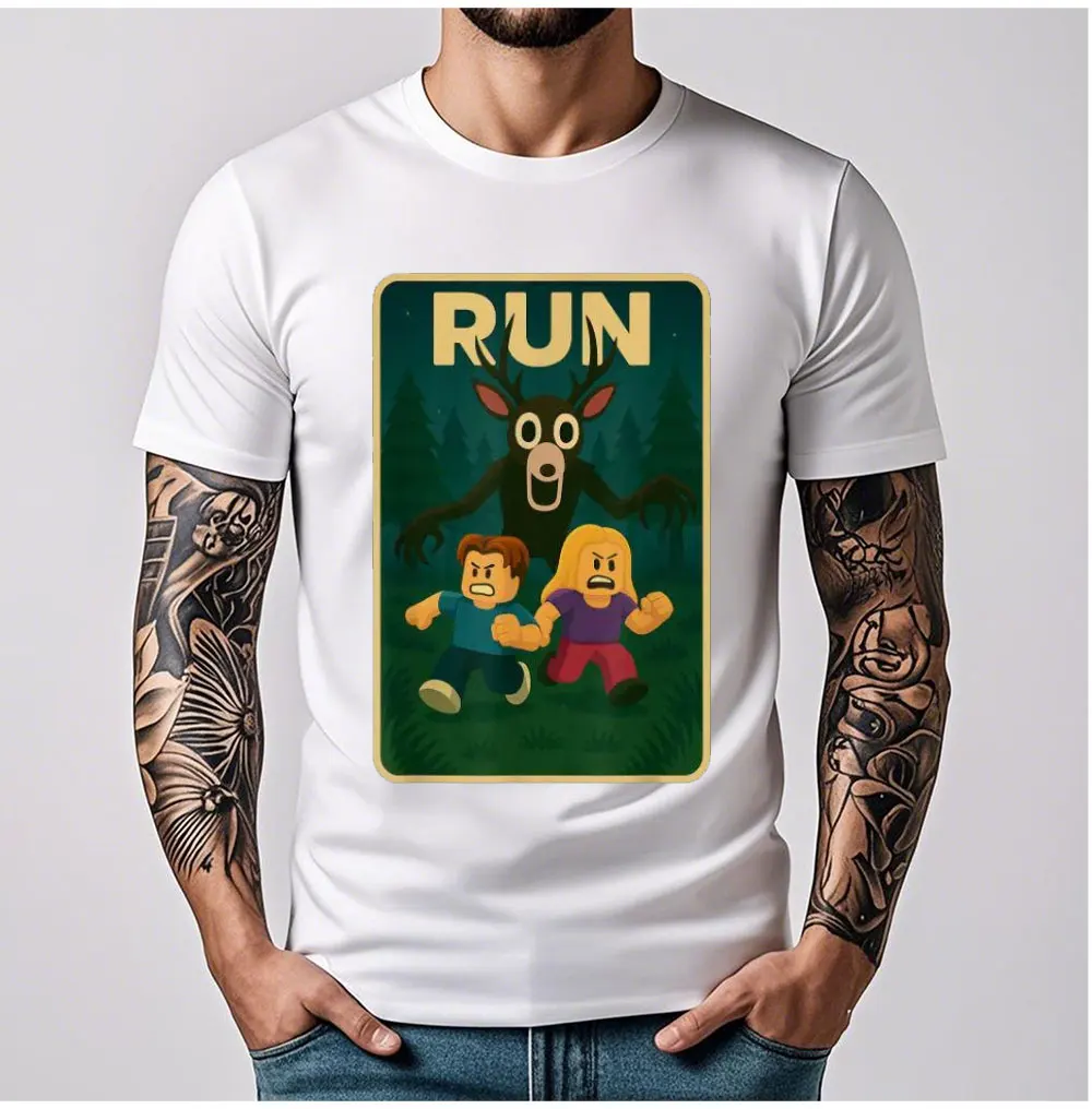 تي شيرت Run - 99 Nights Halloween Gamer Deer in The Forest Meme تي شيرت جرافيك تي شيرت رجالي قطني تي شيرت عادي بأكمام قصيرة