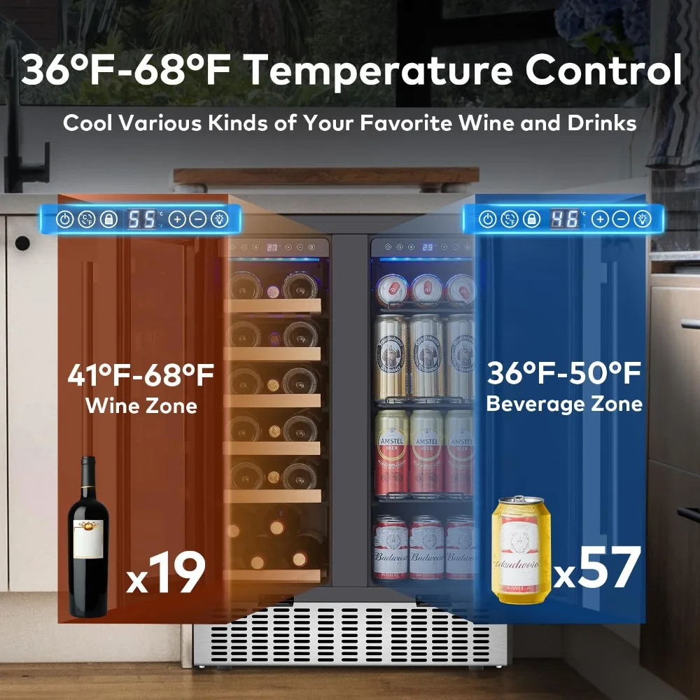 2024 New 24 Inch Wine and Beverage Refrigerator, Dual Zone Wine Cooler with Adjustable Shelves, LED Light