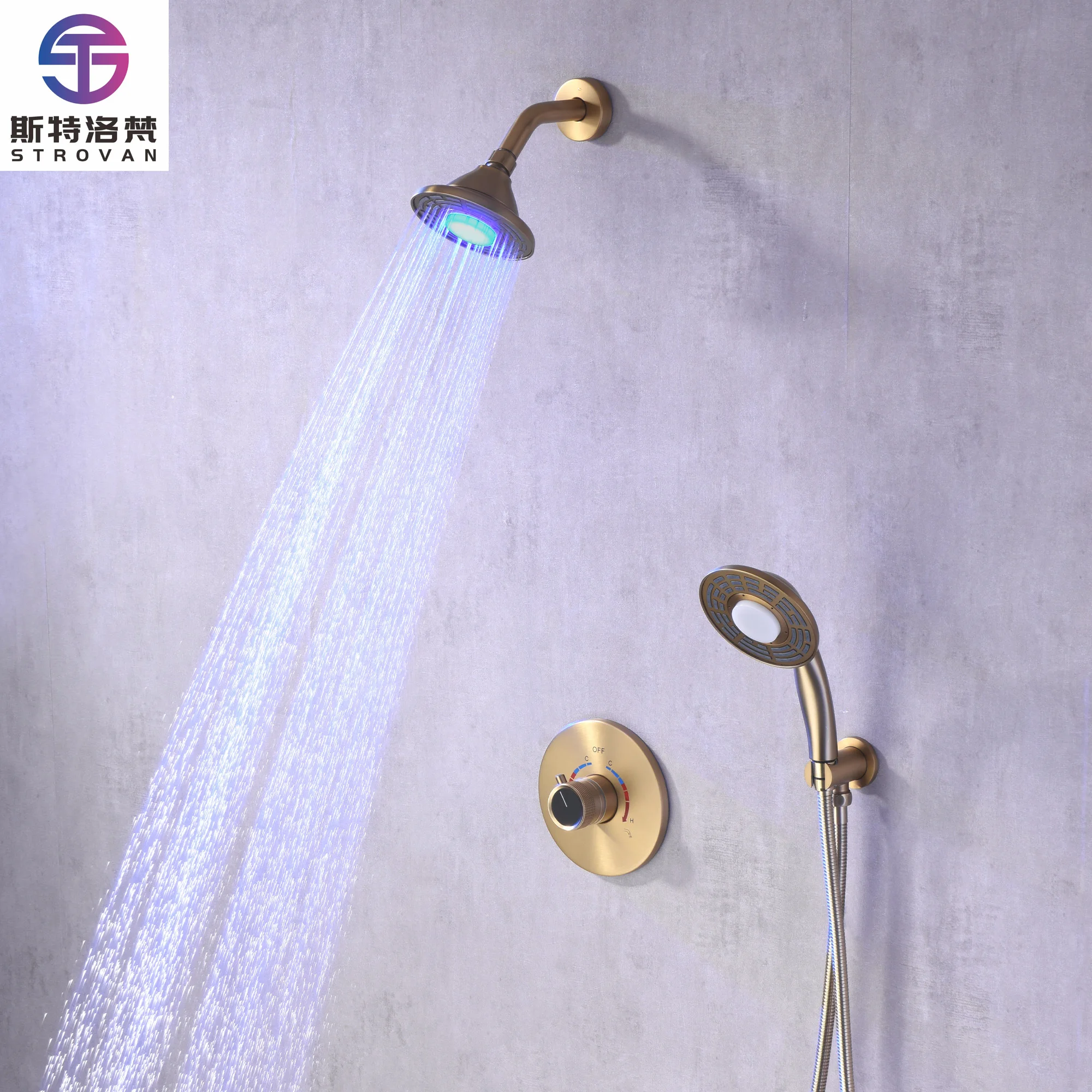 

Brass Rainfall Concealed Hot and Cold Shower Faucet Metal Function Shower Set With LED