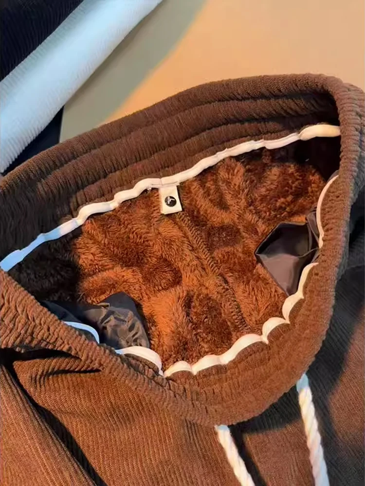 

Brown Fce Lined Thi Warm Velvet Casual Pants Men Winter Aosphere American Retro Straight Cotton Sweatpants