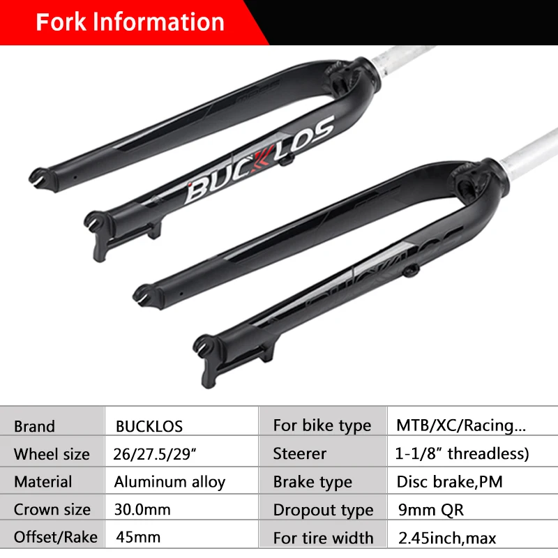 BUCKLOS 26/27.5/29 Inch Bicycle Fork Aluminum Alloy MTB Fork 9*100mm Mountain Bike Fork 28.6mm(1-1/8