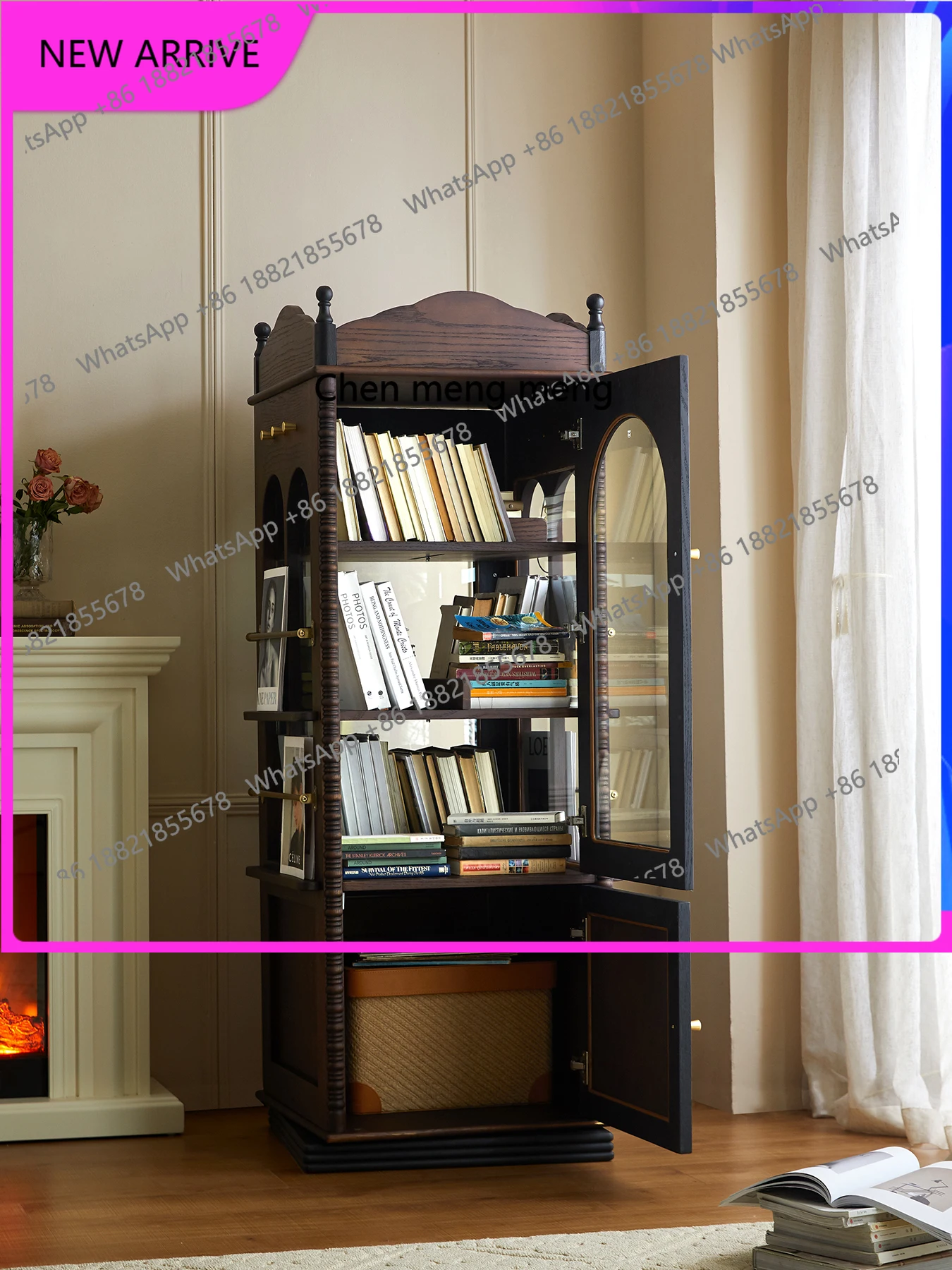 

French solid wood bookcase retro rotating storage cabinet with glass door corner magazine, display cabinet H