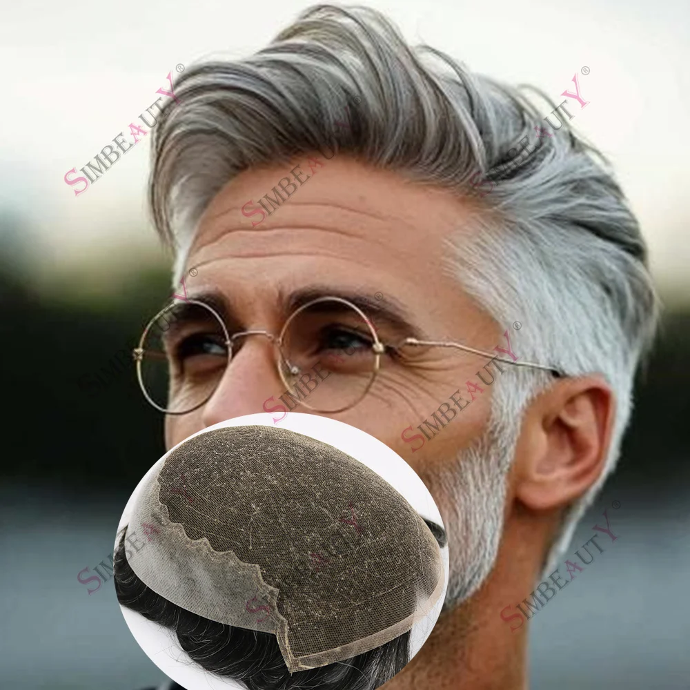 

Прочный мужской парик 1B50 1B80 серого цвета из 100% натуральных человеческих волос, дышащий, с швейцарским кружевом Q6 и полиуретановой основой, светлый мужской капиллярный протез