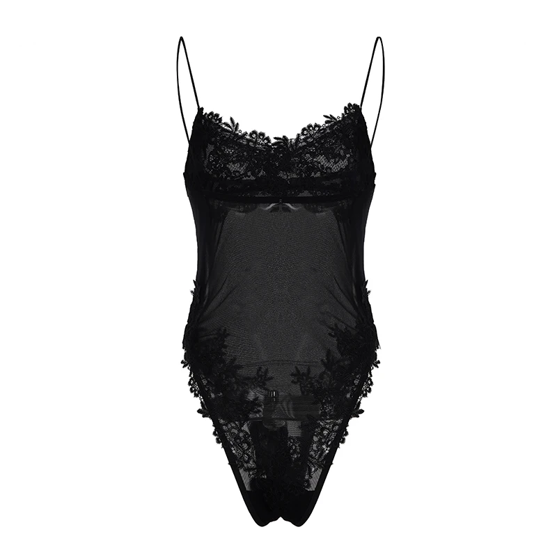 ملابس داخلية شبكية مثيرة مزركشة من الدانتيل شفافة بدون أكمام على شكل حرف v للسيدات موضة صيف 2025 ملابس خروج للسيدات