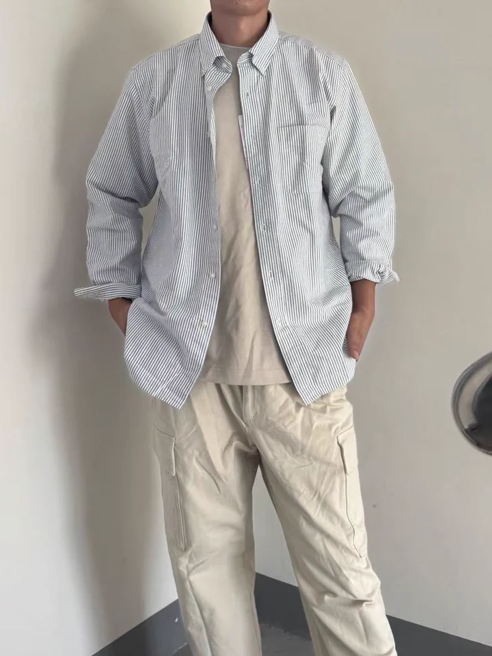 

Sumu Ox Cloth Striped Long Sve irt Thin Outerwear for Men And Women Breathable Comfortable Loose Fit Autumn Season