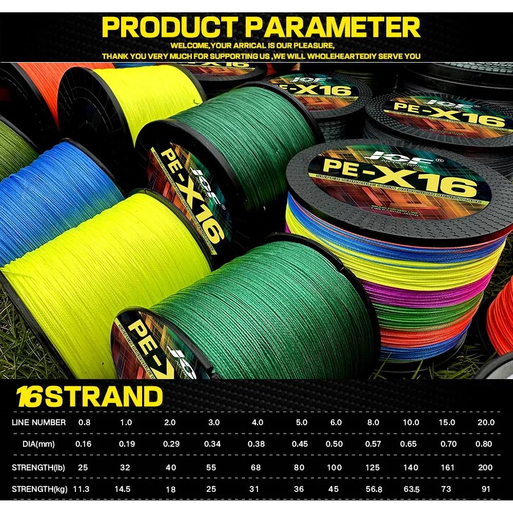 16 Strands Braided Fishing Line X16 Super Strong 25/40/80/100/125/140/161/200LBS HollowCore 100-1000M Multifilament 11.3-91kg