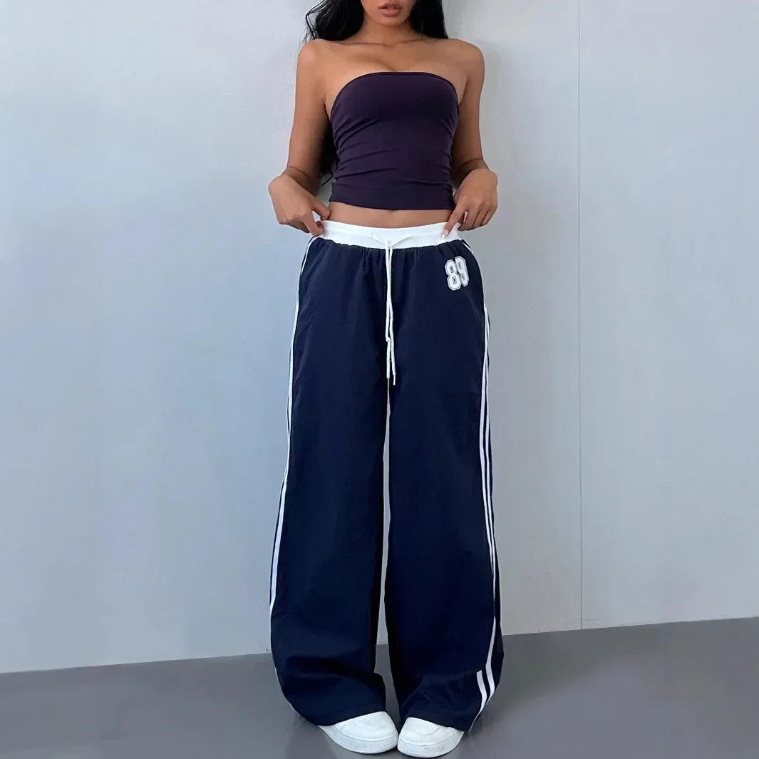 

Pop High Waist Drapey Wide Leg Casual Pants Drawstring Color Block Long Trousers Spring Summer New Arrival Loose Straight Cut