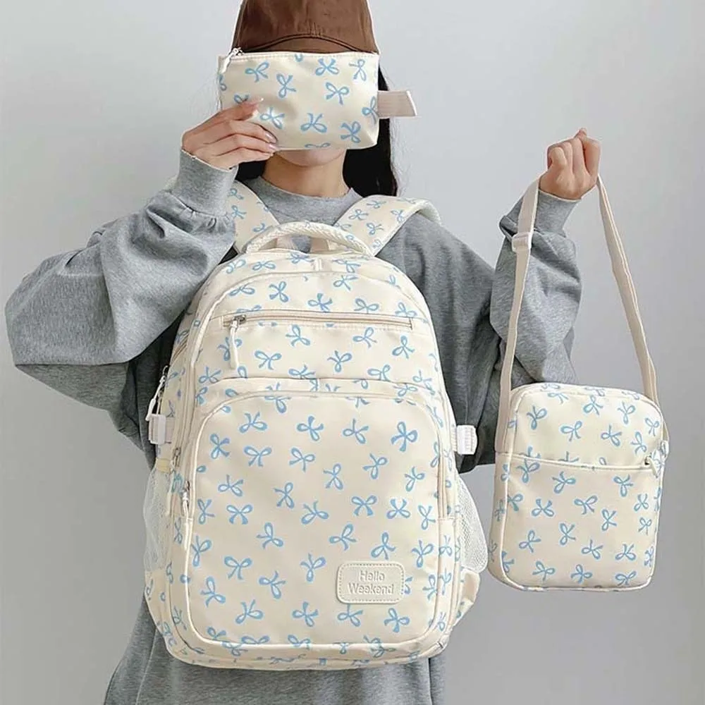 Daypack Three-piece School Bag Set Large Capacity Casual Nylon Bow Backpack Scratch Prevention Polyester Students School Bag