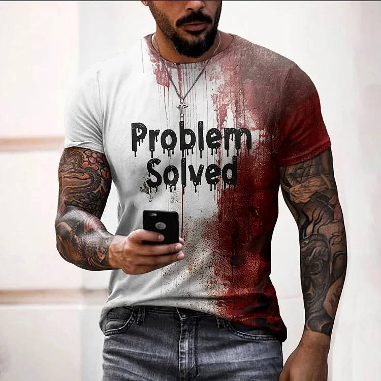 Herren-T-Shirt „Halloween Problem Solved Blood Drip Print“ – Leichtes Kurzarm-T-Shirt mit Rundhalsausschnitt für Feiertagspartys und Freizeit – Detail 6