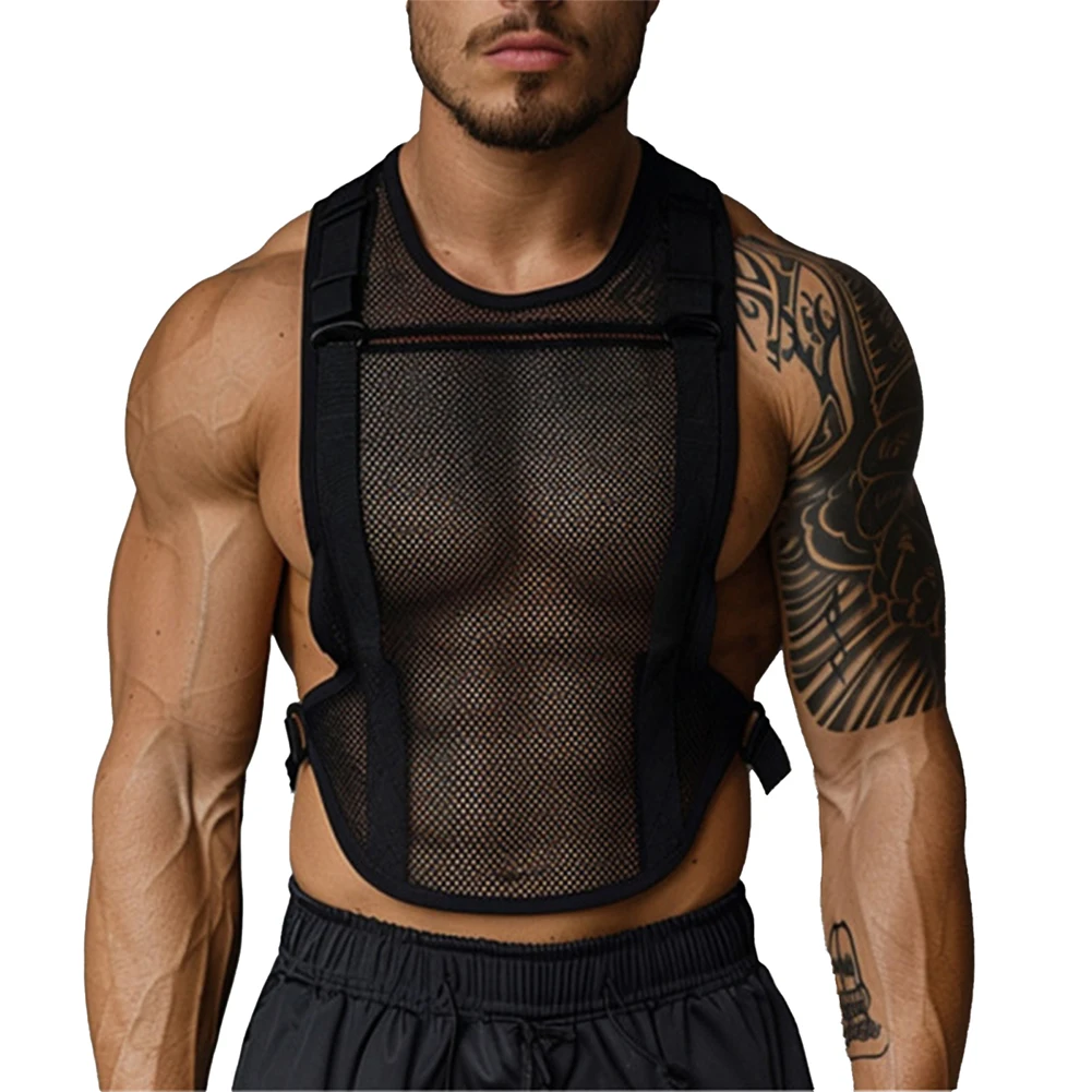 

Sexy See Through Mesh Tank Tops Mens Slim Casual Sleeveless O Neck Patchwork Mesh Vest Summer Fashion Men Solid Color Camisoles