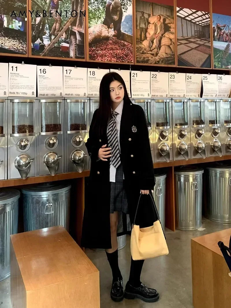 

Japanese Women's JK College Style Medium and Long Loose High-end Autumn Trench Coat Gray Long Sleeve Shirt and Short Skirt Set