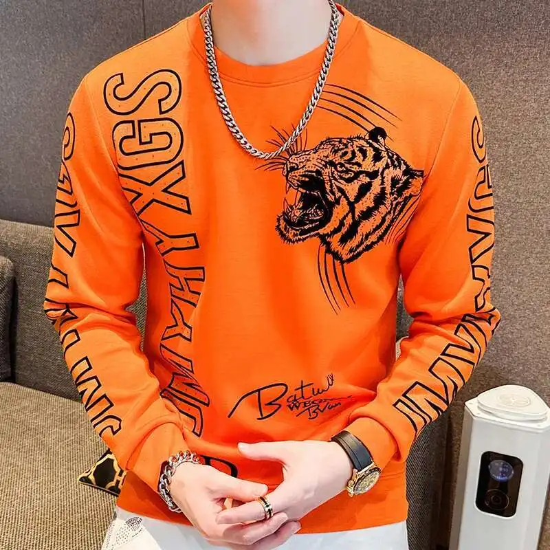 High Quality Homme Diamond Autumn Hot Drill Orange T-Shirts Social Club Outfits T Shirt Men Long Sleeve Pullover Men Clothing