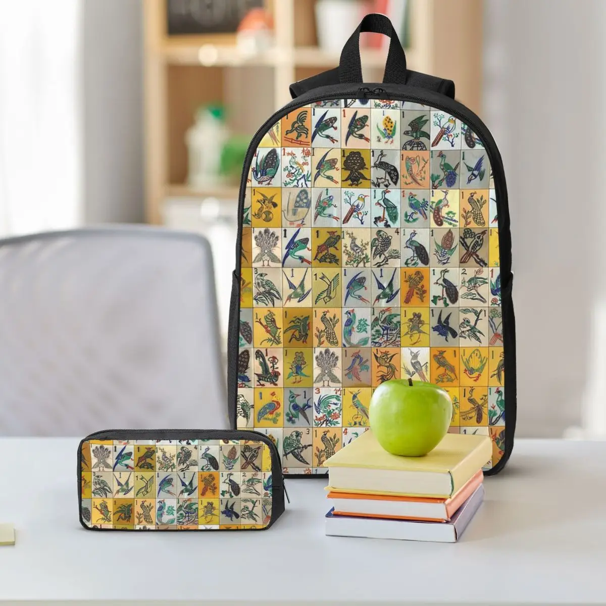 Mah Jongg Birds Mahjong Tiles Backpack Student BookBag School Bag Computer Shoulder Bags 3ps Insulated Lunch Bag Pencil Case