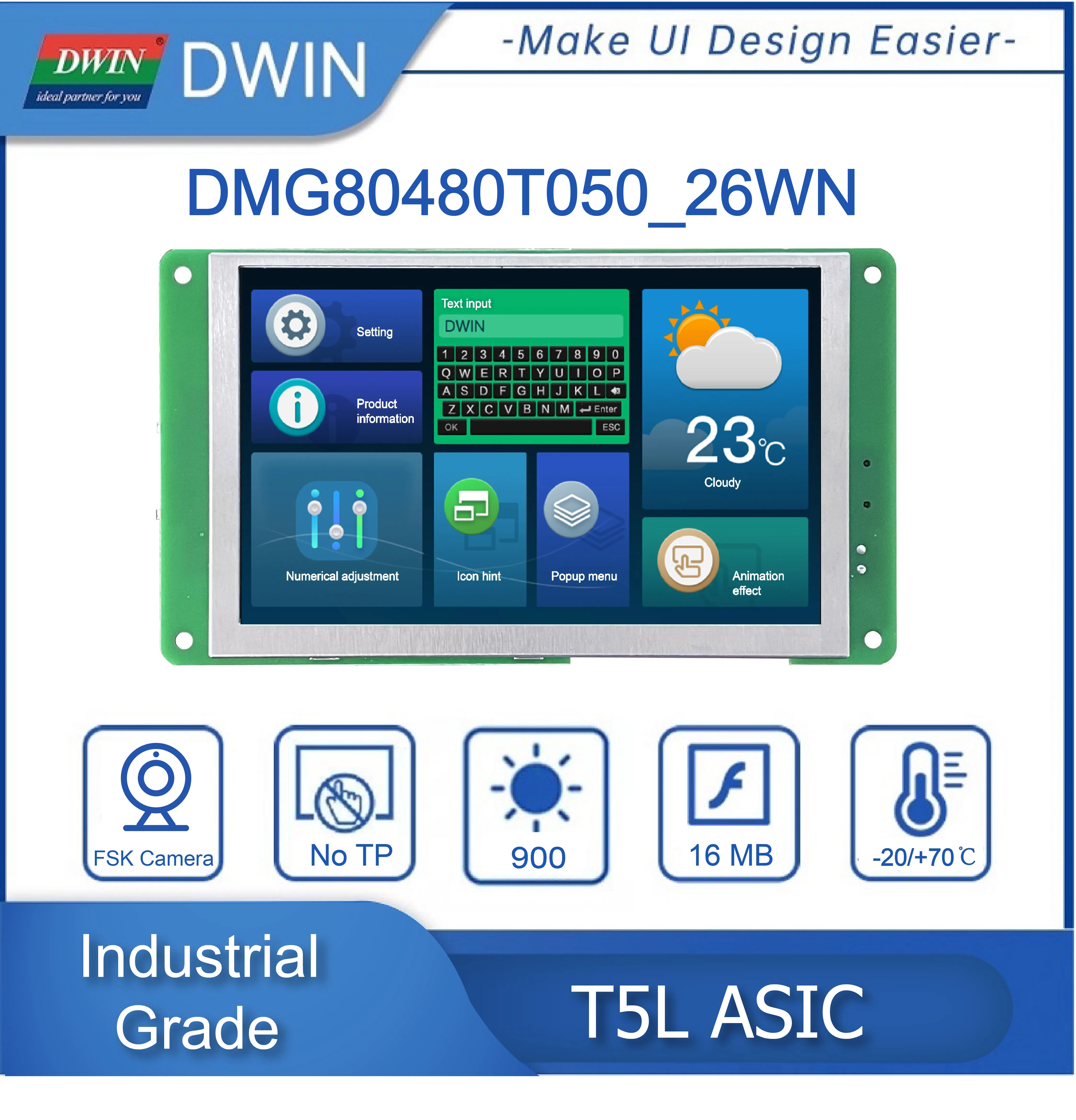 5.0-inch, 800*480 Pixels Resolution, 262K Colors, IPS, FSK Bus Camera Solution Screen,High Brightness DMG80480T050_26W