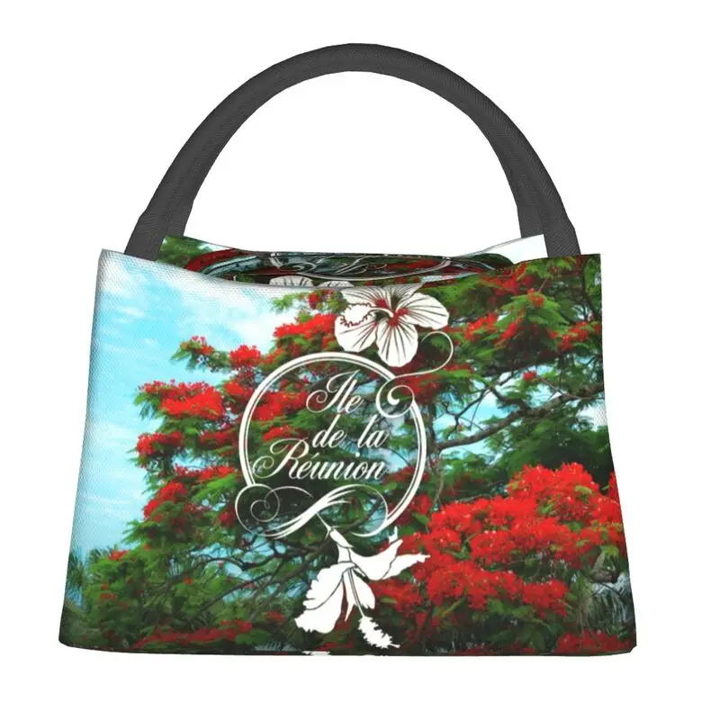 Custom 974 Reunion Island Flamboyant Hibiscus Thermal Insulated Lunch Bags Women Flowers Pattern Lunch Tote for Food Box