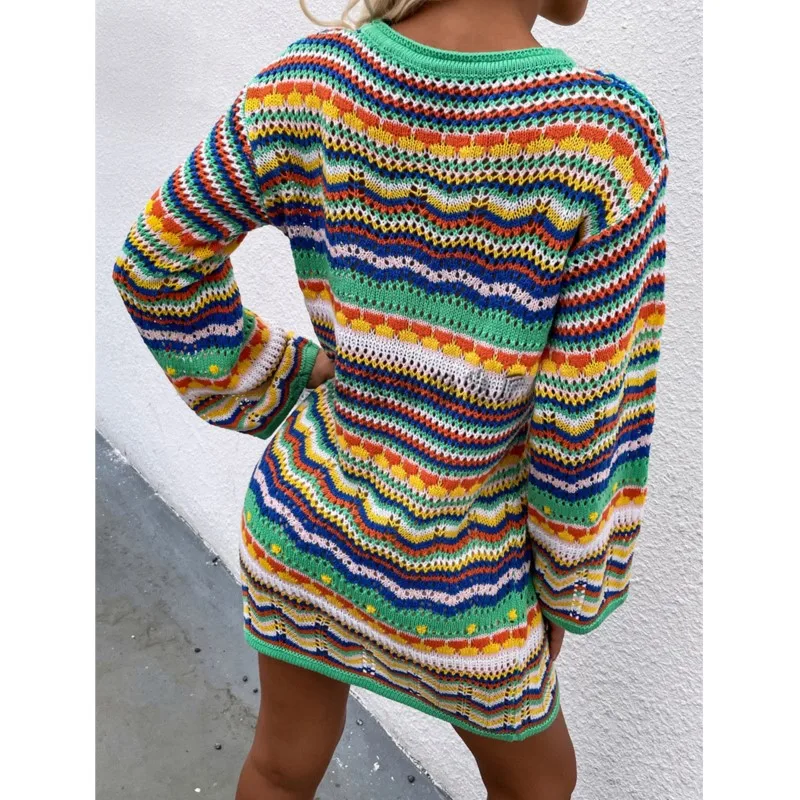 Autumn Winter Knitted Sexy Midi Dresses For Women Fashion Rainbow Striped Sweater Dress Loose Hollow New In Short Dresses 2024