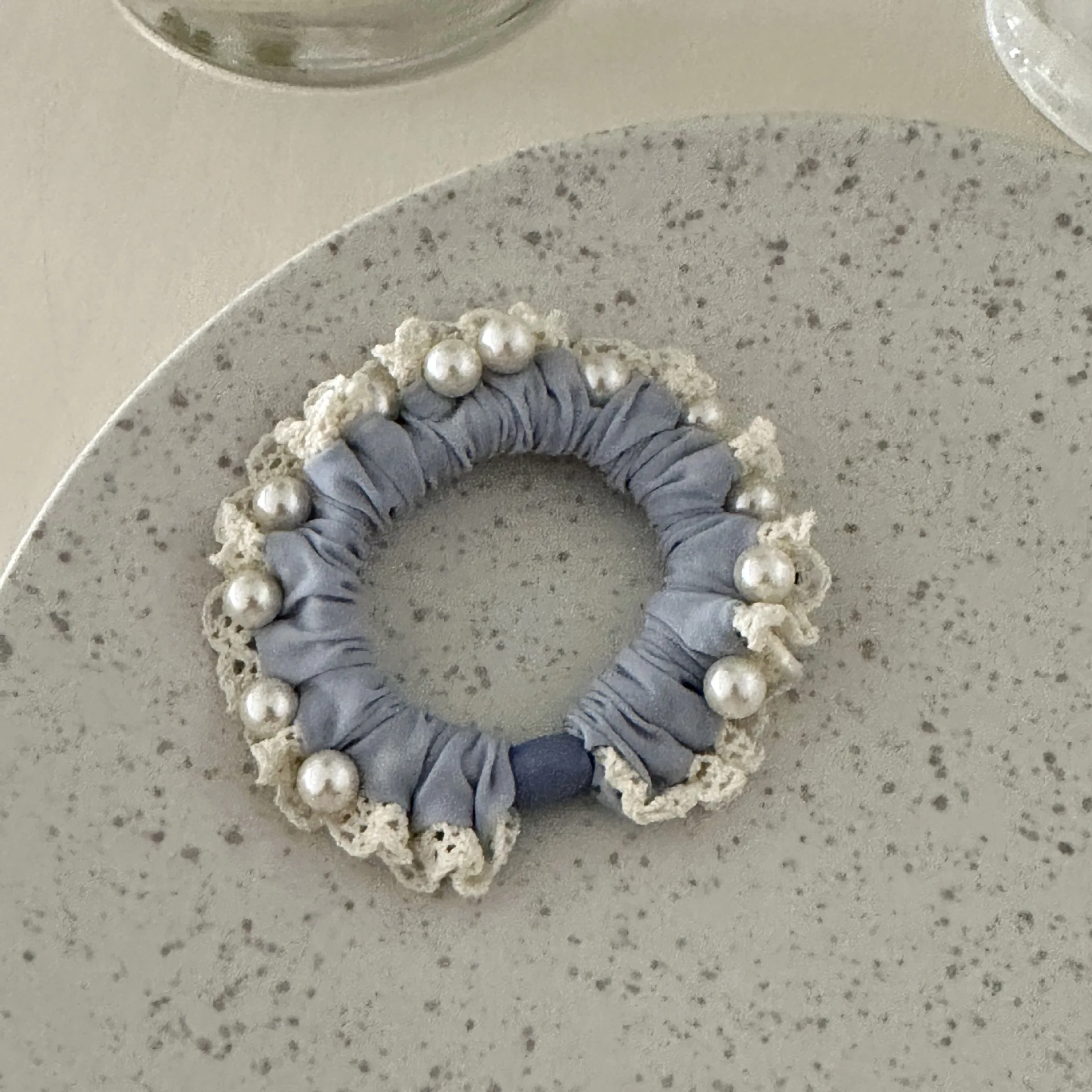 Fashion Hair Band 1PCS Blue Soft Pearl Lace Trim Beaded Thin Elastic Gentle for Women Girls