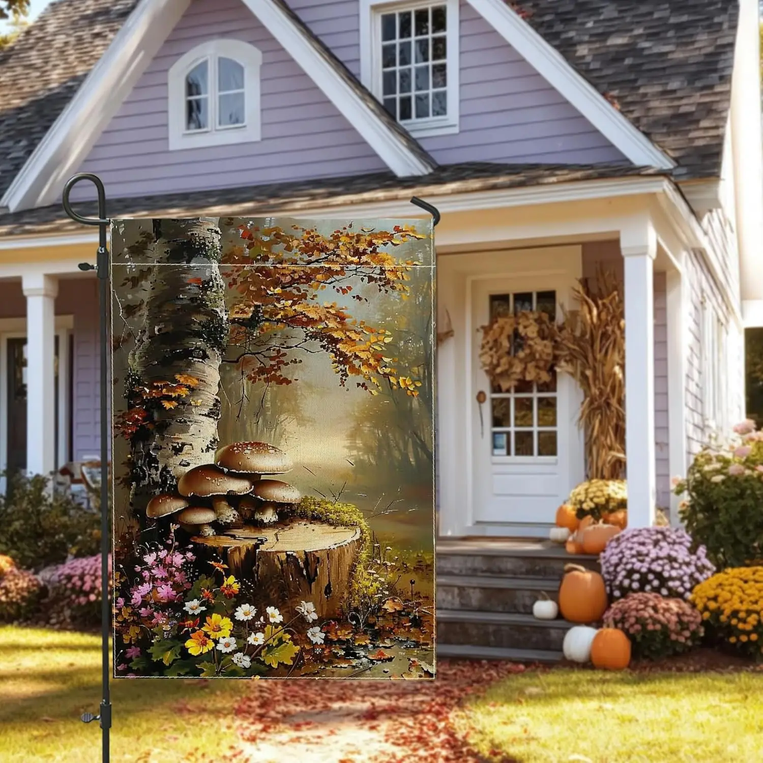 Autumn Forest Mushroom Garden Flag, Brown Fungi Floral Home Decor Banner, Double Sided Burlap Yard Flag Outdoor Lawn Decorat KZA
