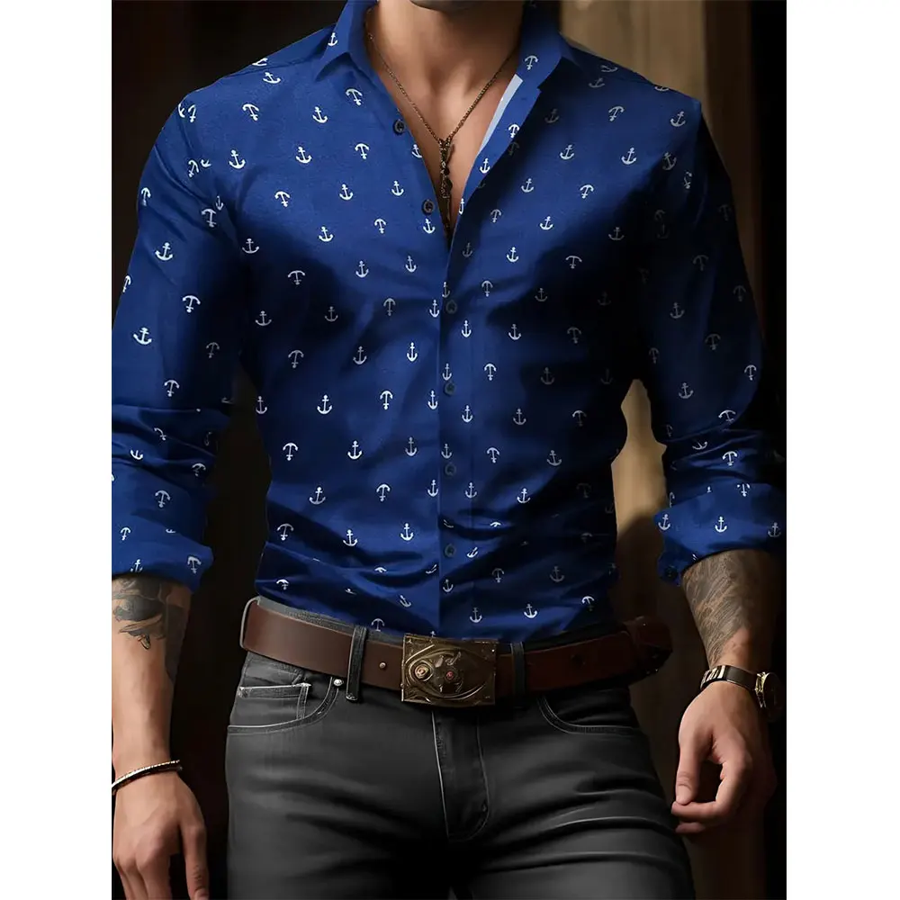 

Men's Plus-size Lapel Button-down Top Fashion 3D Anchor Digital Printed Shirt Men's Outdoor Casual Comfortable Long Sleeve Shirt