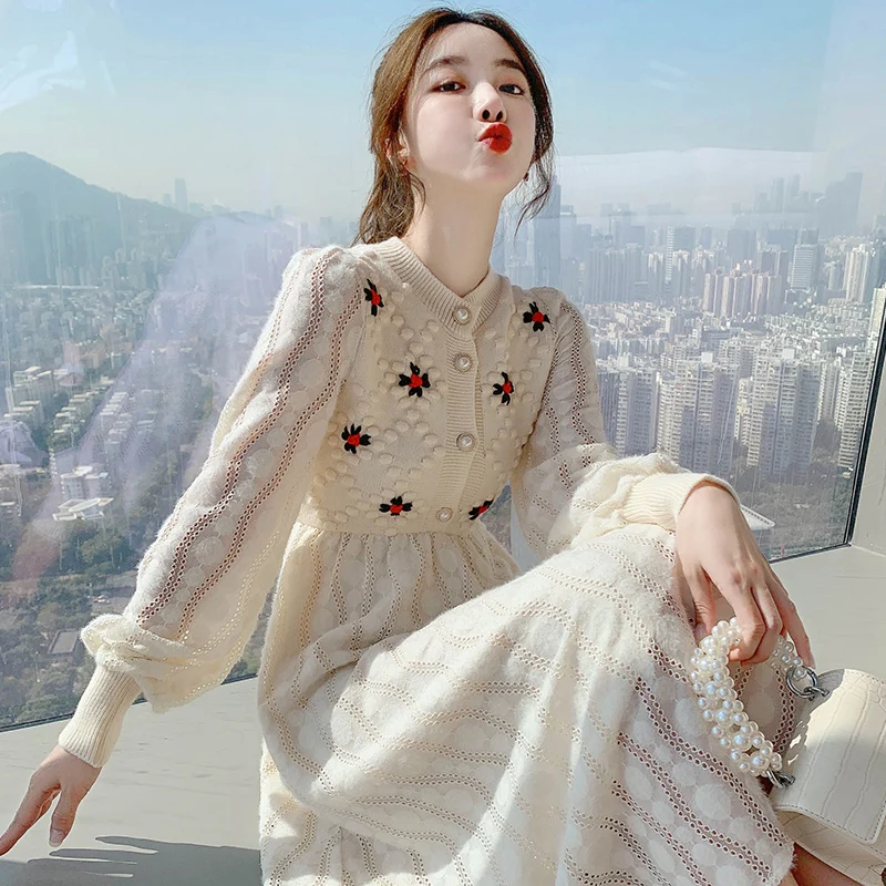 

Knitting Sweater Maxi Dresses for Women Female Korea Style Slim Embroidery Wool Long Sleeve Woman Dress Party 2022 Autumn Winter