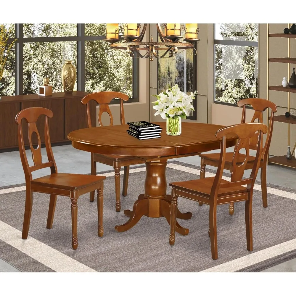 5-Piece Room Furniture Set Includes Oval Kitchen Table with Butterfly Leaf and 4 Dining Chairs, 42 x 60 Inches, Saddle Brown