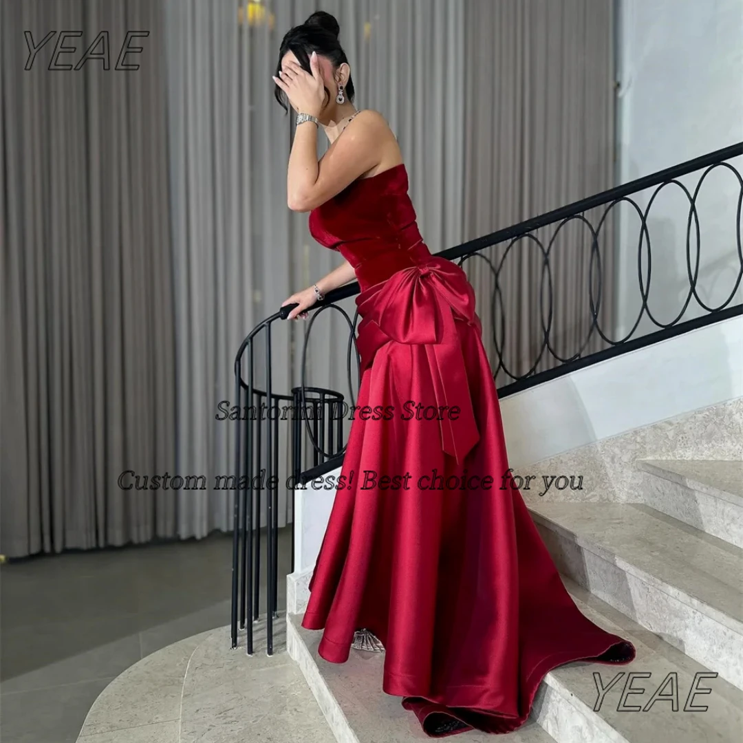 Santorini Strapless Prom Dresses Soft Velour Top Customized Bow Wedding Party Dress Ruched Satin Long Elegant Evening Gowns