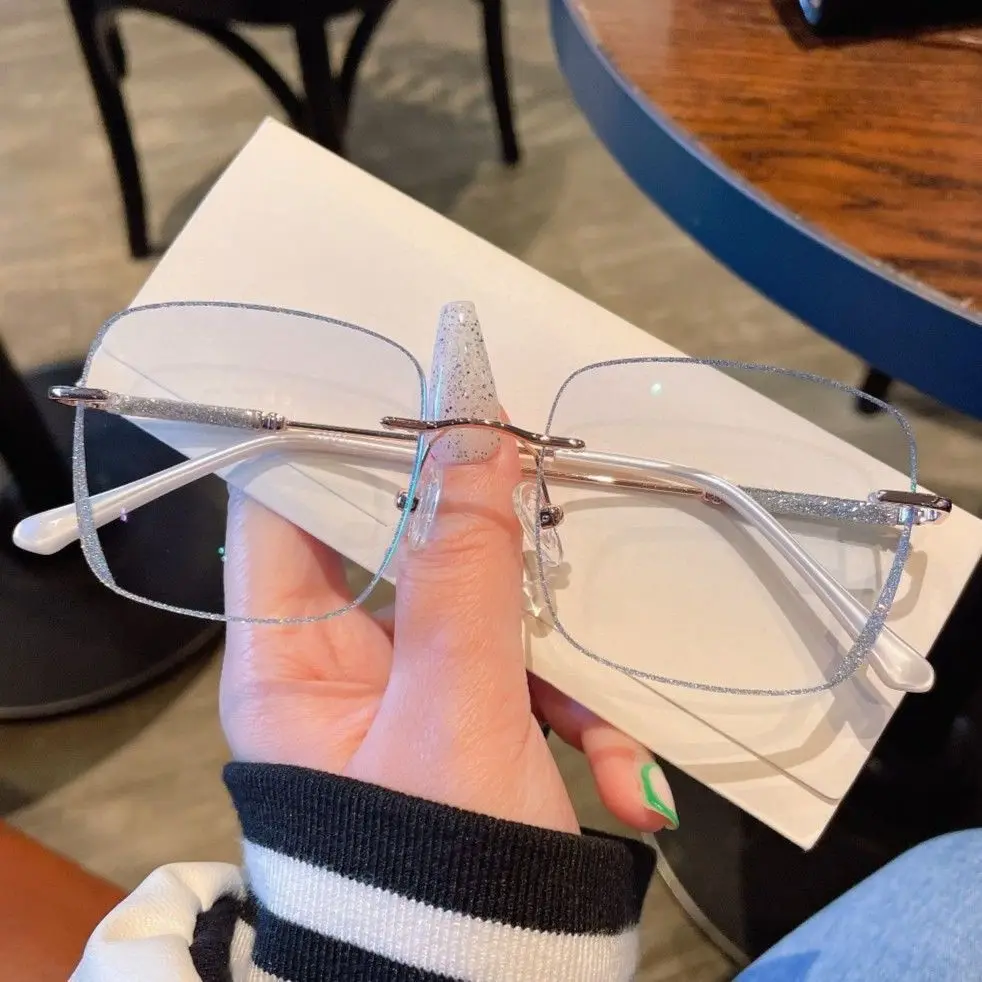 Women\'s Large Frame Myopia Glasses Prescription Eye Glasses Anti Blue Light Myopia Rimless Glasses