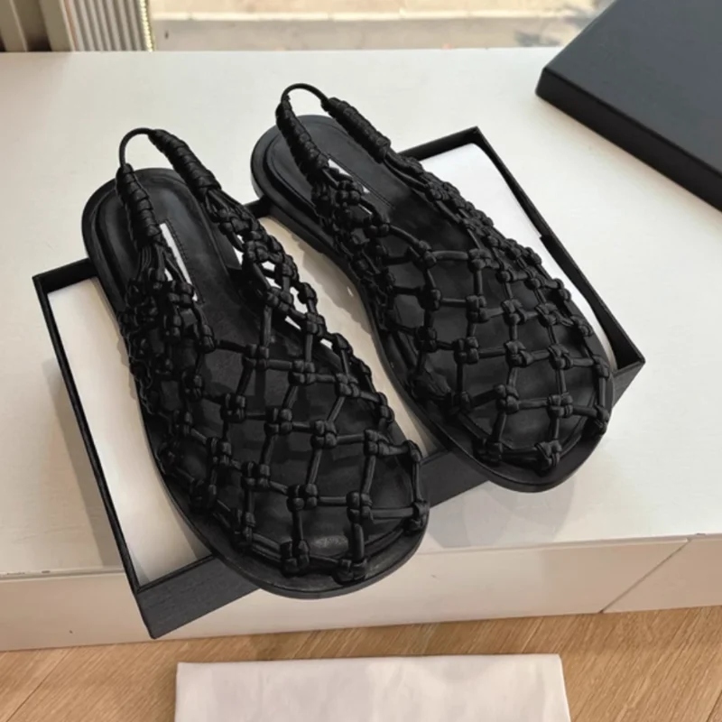 Designer Brand Original Genuine Leather Woven Hollow Summer Flat Bottom Beach Fishing Net Roman Sandals