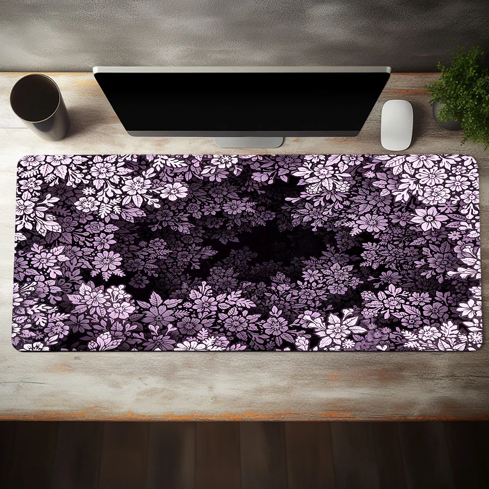 

Large Gaming Mouse Pad Purple Flowers Design Art E-Sports Desk Mat Keyboard Pad Computer Mouse Mat Home Office Rubber Non-Slip