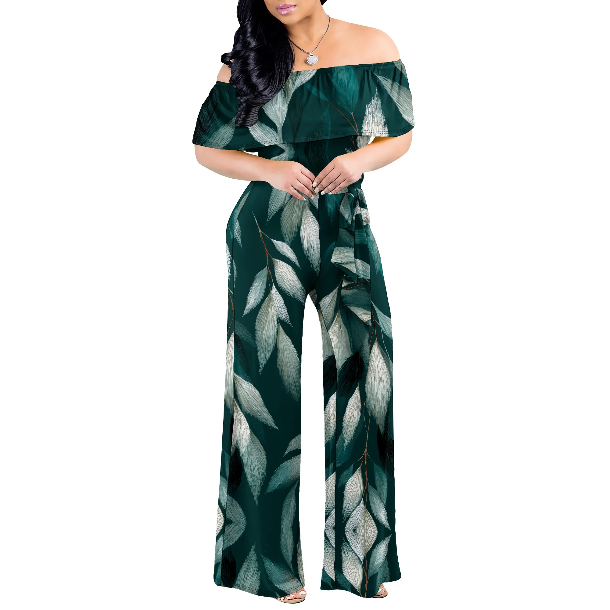 Geometric Color Block Off Shoulder Jumpsuit Women Wide Leg Belted Summer Casual Romper