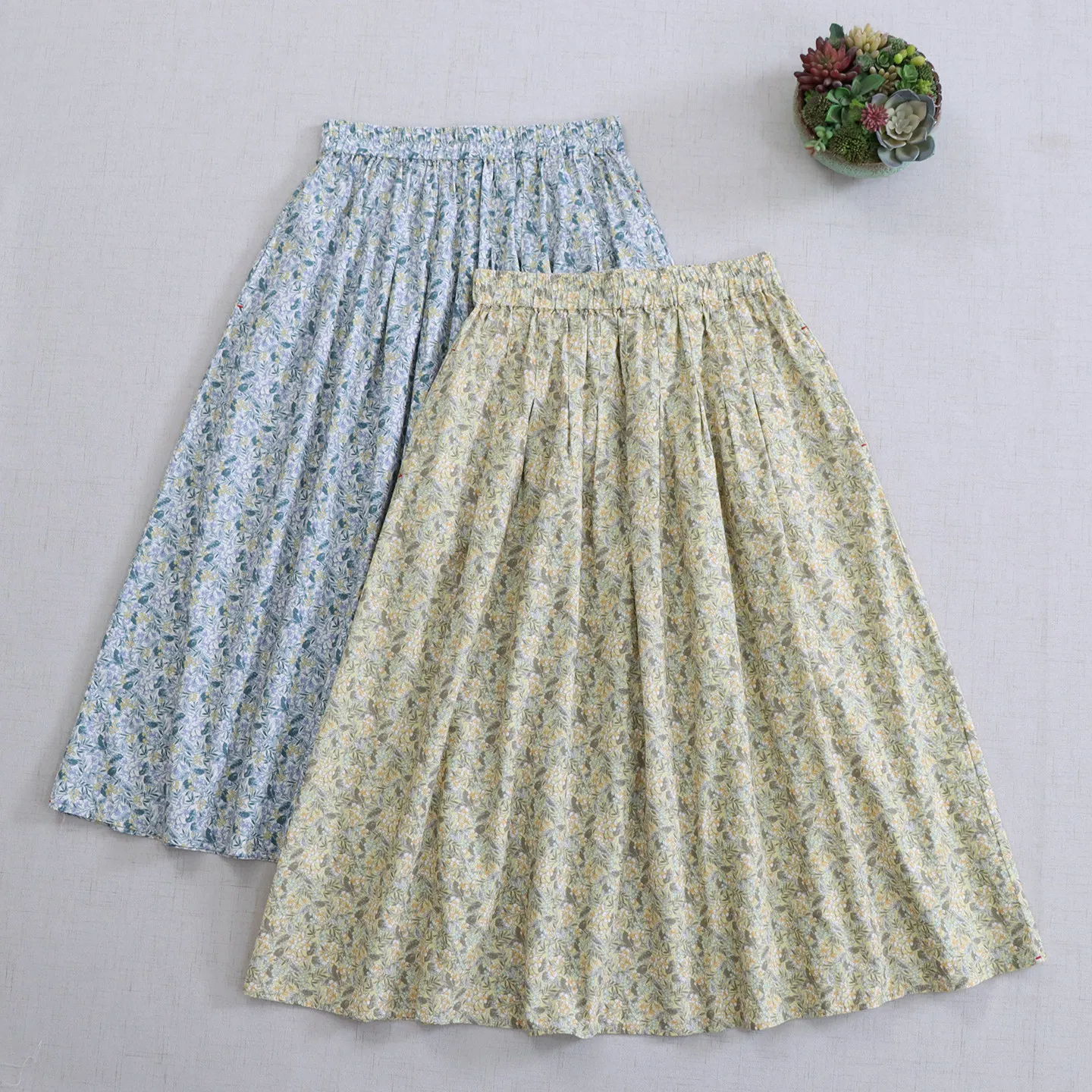 Japanese Vintage Mori Girl Floral Printed Cotton Skirts Women Spring Summer Elastic Waist Casual Loose A-Line Midi Pleated Skirt