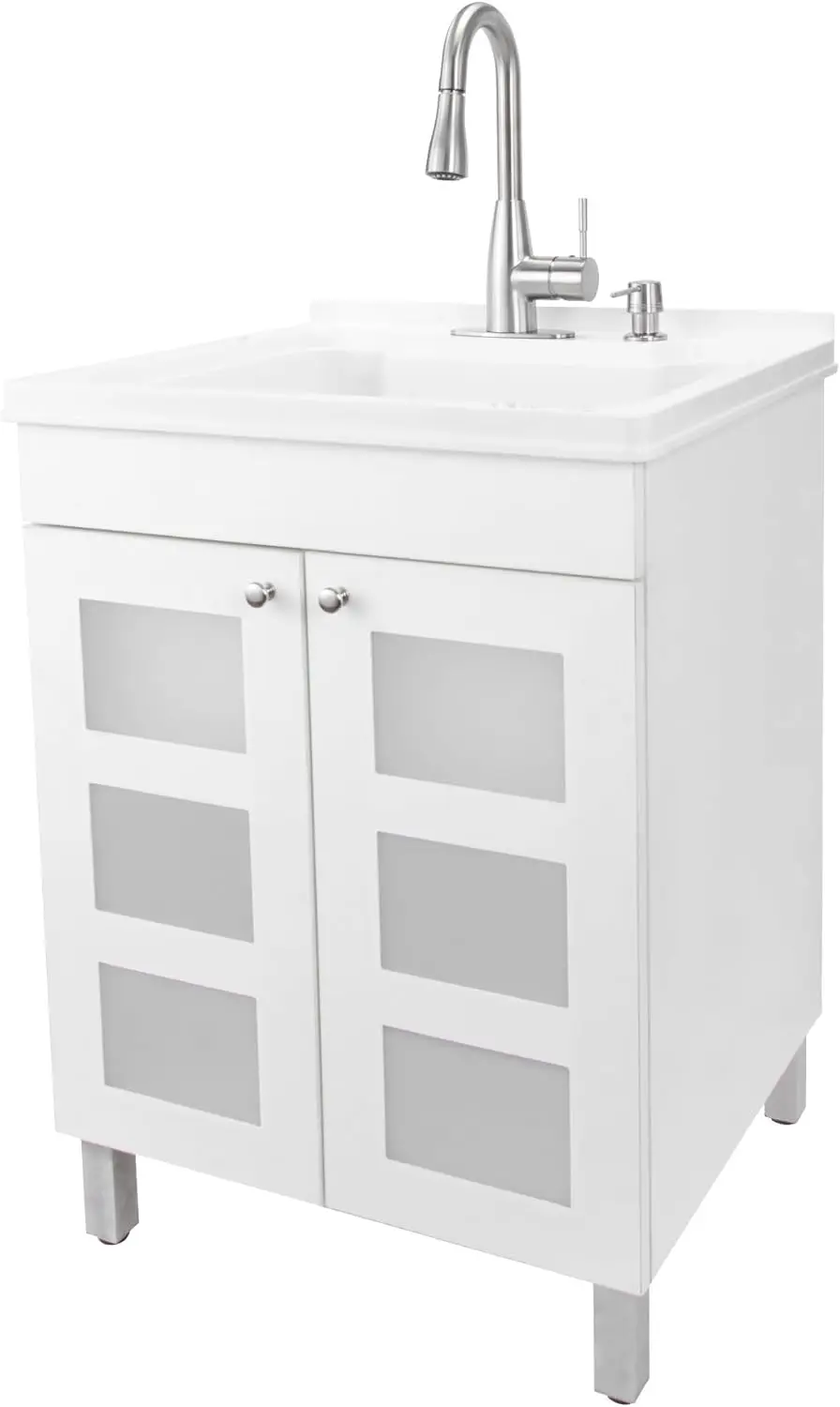 White Utility Sink In White Vanity, Stainless Steel Pull-Down Sprayer Faucet, Soap Dispenser And Spacious Cabinet By Js Jackson