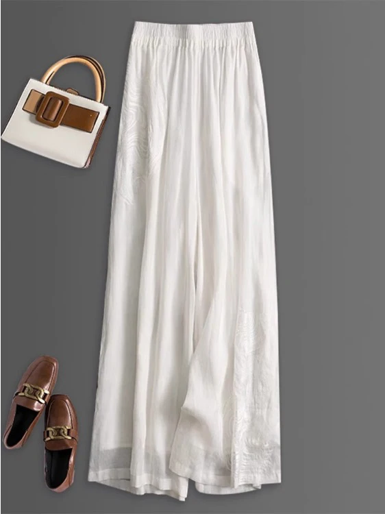 

Embroidered Slimming Straight Leg Pants Lightweight Double Layer Wide Leg Loose Elastic Waist Pure Color Casual Trousers for ...