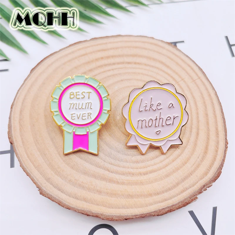 Creative Round Pink Medal Enamel Pins Flower Letter BEST MUM EVER Alloy Brooch Custom Badge Clothes Accessories Jewelry Gifts