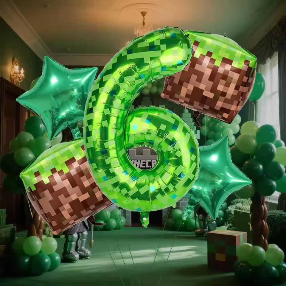 5pcs Green Pixel Miner Digital Aluminum Foil Balloon Set Mining Themed Balloon Pixel Cube Video Game Birthday Party Decoration - AliExpress 