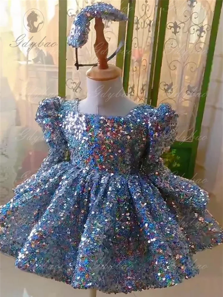 فستان بناتي مزين بالترتر الفضي بأكمام طويلة منتفخ مناسب لحفلات أعياد الميلاد وحفلات الزفاف والمناسبات الأخرى