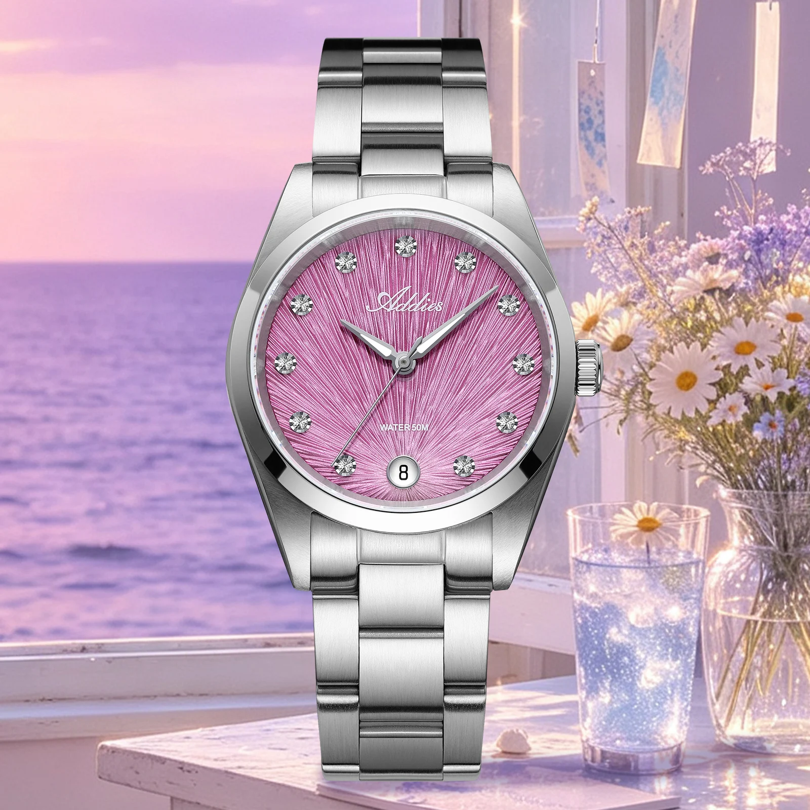 ADDIES Women's Luxury Watch 31mm Sapphire Glass Czech Rhinestones GM12 Quartz Movement Stainless Steel Waterproof Lady Watches