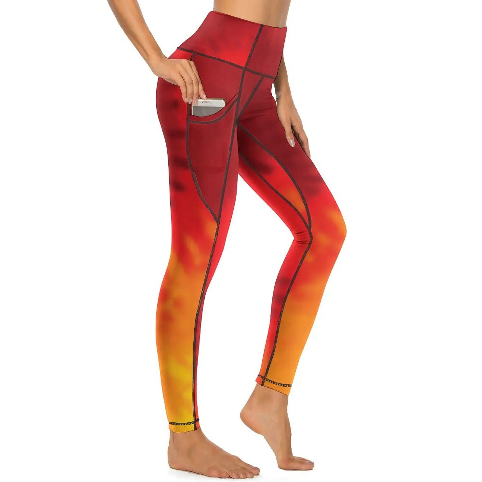 Pantalones de Yoga Tie Dye con bolsillos, mallas elásticas de cintura alta con espiral, color amarillo, naranja y rojo, novedad