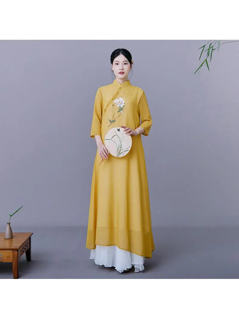 

Loose Wide Leg Pants Women's Maxi Dress Zen Style Tea Costume Chiffon Loose Fit Sitting Meditation Dress Low Waist Polyester ...