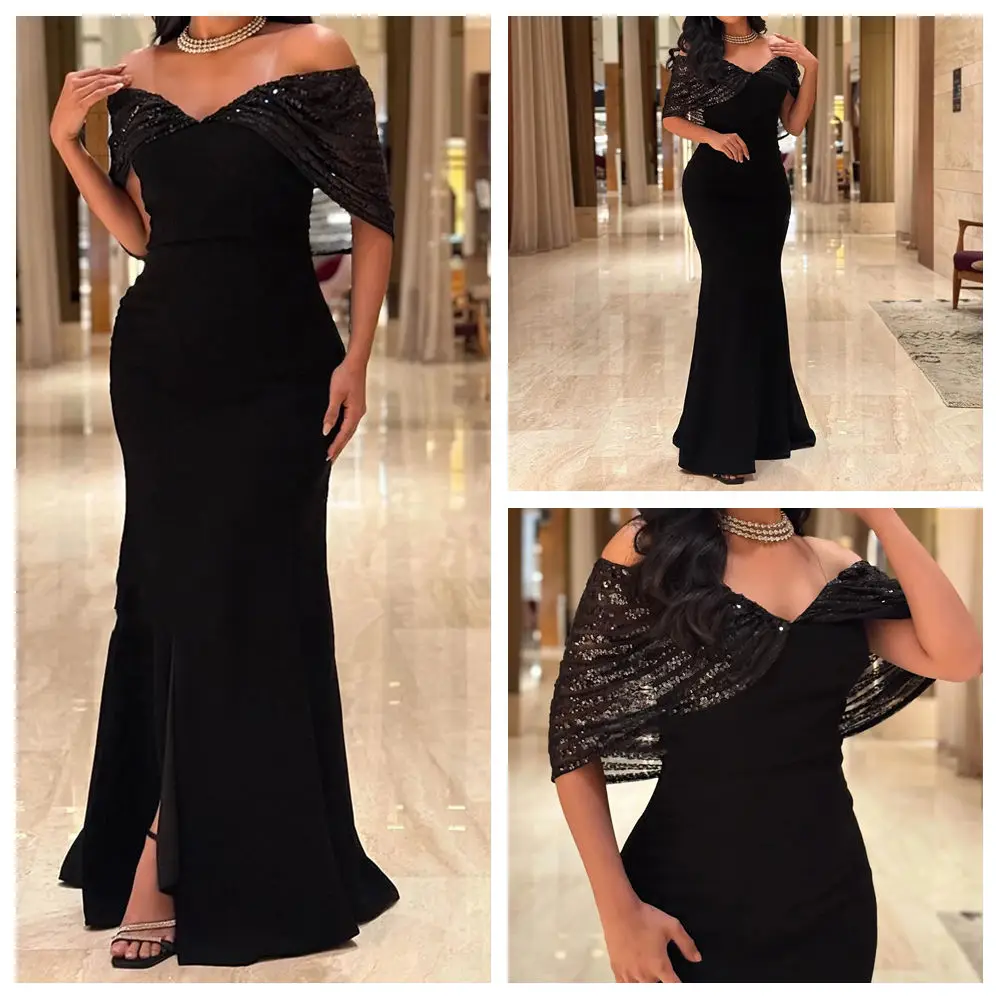 

Customized A-line Evening Dresses Floor-length Off The Shoulder Sleeveless Prom Gown Fashion Sequined Simple Draped Party Gown