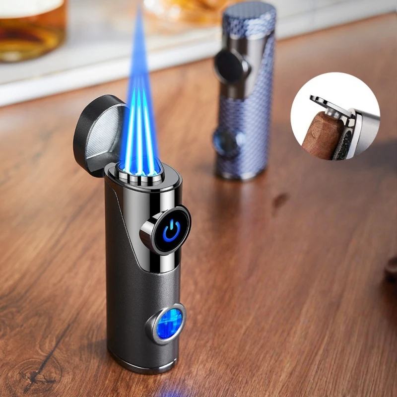 

High Beauty Three Straight Cigar Lighter Creative Blue Light Airway with Drill Hole Cigarette Lighter Portable Home Lighter