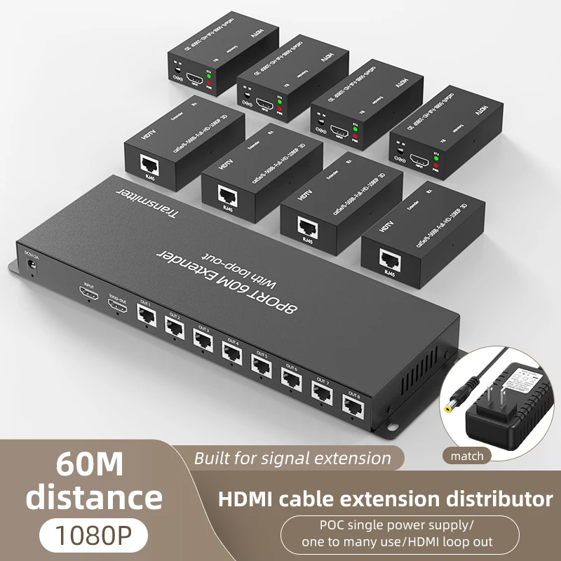 HD 60m 8 Port Rj45 HDMI Ethernet Extender Splitter with Loop-out Via Cat5e CAT6 Cable 1x8 Video Transmitter and Receiver 1TX 8RX