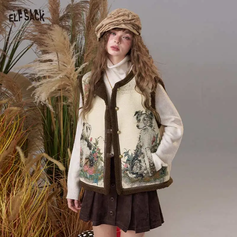 

ELFSACK 2025 Winter New Arrivals Vintage Elegant Color Block Delicate Animal Embroidery Vest For Woman
