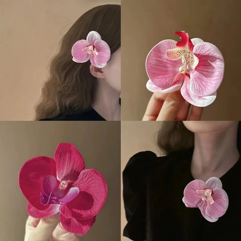 1Pc Artificial Orchid Flower Butterfly Hair Clips for Woman Girls Phalaenopsis Pearl Duckbill Hairgrips Hairpin Hair Accessories