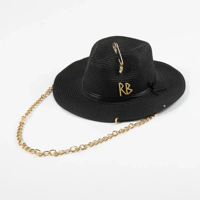Europe and America Fashionable Metal Letter Straw Hats for Women Men Summer Outdoor Holidays Beach Sun Hat Panama Hat