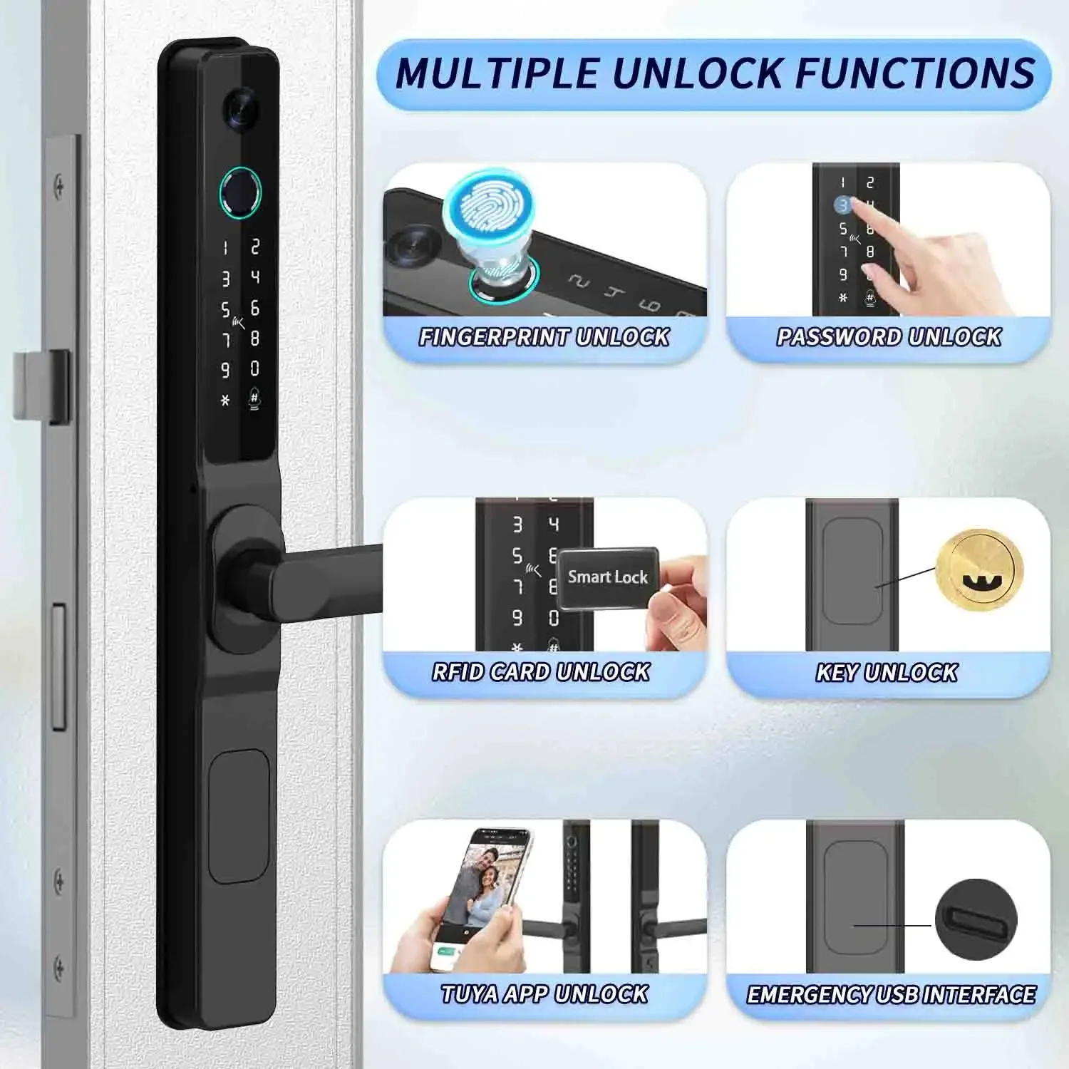 Waterproof Camera Fingerprint Lock TUYA WIFI APP RFID Card Code Keyless Electronic Smart Door Lock Aluminum/Glass Sliding