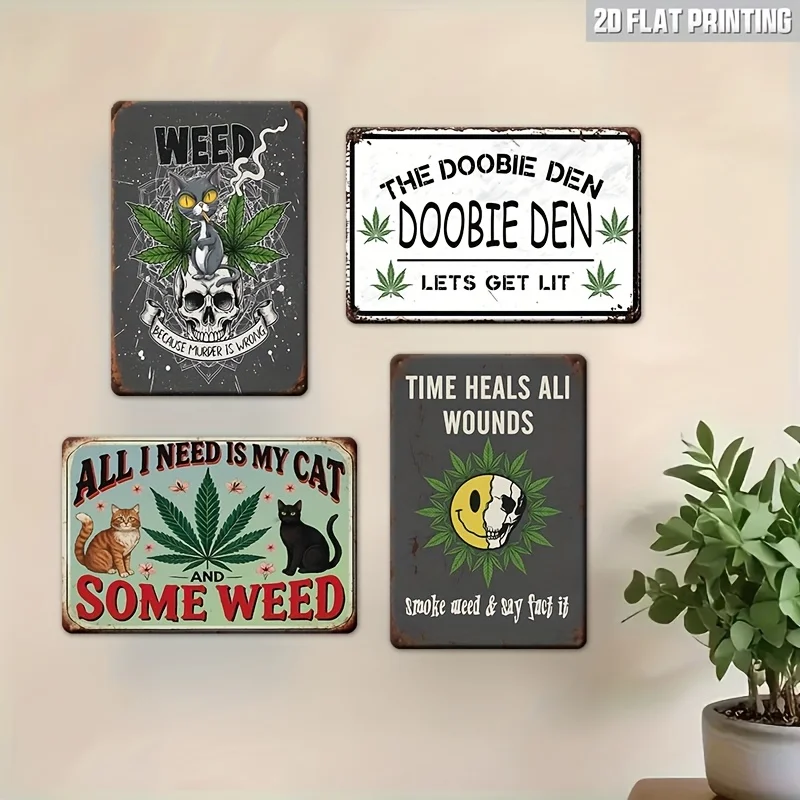 2D Flat - 4pcs Vintage Metal Tin Sign Wall Decor | Humorous Quirky Plaque With Distressed Look, Metal Art Signs For Bedroom, Bar