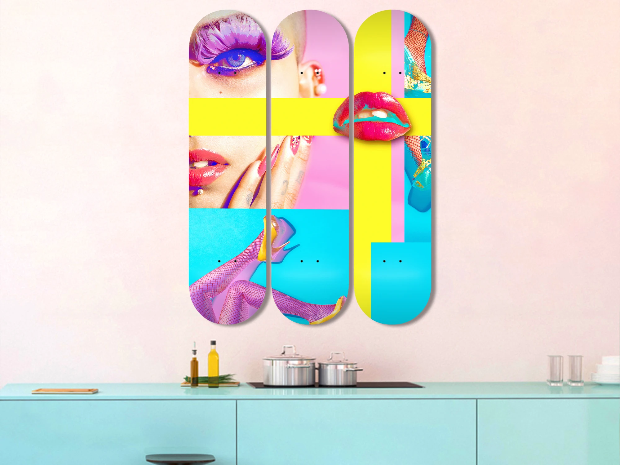 3pcs Modern Fashion Girl Skateboard Wall Mural Pop Art Pro-Grade Skate Deck Wall Plates for Bar Club Game Room Wall Decoration